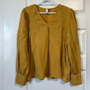 Joie Mustard Embroidered Blouse with Puff Sleeves Button Cuffs